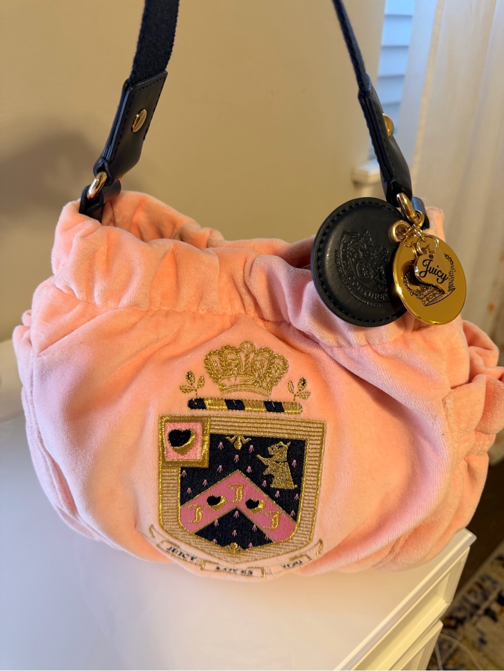 Juicy Couture Peach Pink Velvet Shoulder Bag with Gold Crest Charm